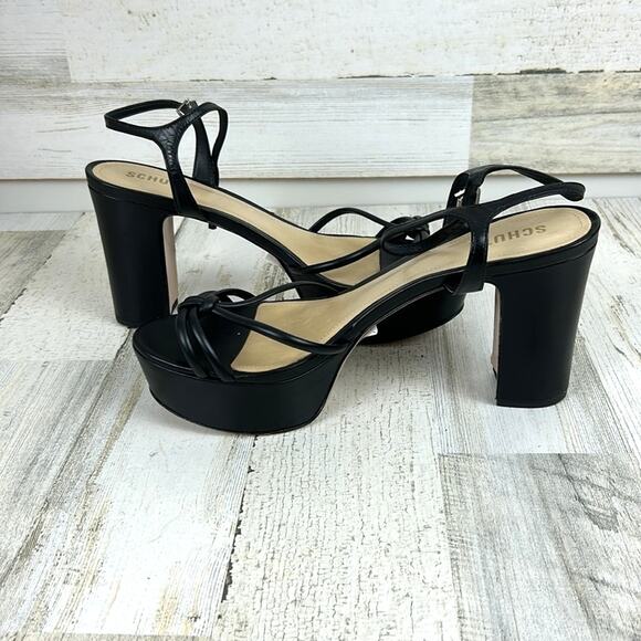 SCHUTZ Women’s 11 Kelsie Black Leather Platform Strappy Block Heel Sandals - Picture 8 of 10